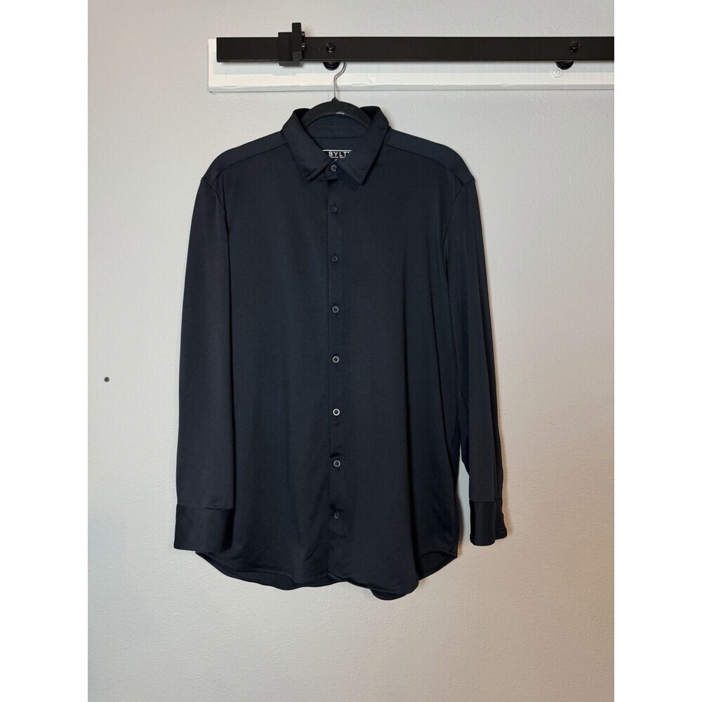 BYLT Executive Stretch Long Sleeve Drop Cut Button Down Shirt Medium Navy Blue